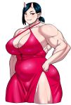  1girl belly biceps black_hair breasts cleavage cocktail_dress collarbone cowboy_shot dress earrings elf-san_wa_yaserarenai. fang hand_on_hip highres horns jewelry large_breasts long_eyelashes looking_at_viewer muscle muscular_female oga-san oni oni_horns pointy_ears ponytail red_dress red_eyes short_hair side_slit skin-covered_horns smile solo synecdoche thick_thighs thighs tight_dress toned white_background 
