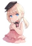  1girl ayuanlv bangs black_bow black_headwear blonde_hair blue_eyes bow braid closed_mouth cropped_torso dated dress eyebrows_visible_through_hair final_fantasy final_fantasy_xiv flat_cap hand_up hat highres lalafell layered_dress long_hair looking_at_viewer low_twintails pink_dress pleated_dress pointy_ears signature simple_background sleeveless sleeveless_dress smile solo twintails white_background 