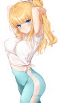  1girl arms_behind_head blonde_hair blue_eyes blue_pants breasts commentary covered_nipples eyebrows_visible_through_hair highres large_breasts long_hair looking_at_viewer midriff original pants ponytail shirt simple_background solo sweat t-shirt tied_shirt white_background white_shirt yumaomi 