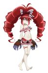  1girl barefoot bikini blush bow breasts cameltoe claws collarbone eyebrows_visible_through_hair frilled_bikini frills fujikawa_daichi full_body hair_bow hair_ornament long_hair looking_at_viewer micha_jawkan navel purple_eyes red_bikini red_hair senki_zesshou_symphogear shiny shiny_hair simple_background small_breasts solo swimsuit swimwear twintails white_background 