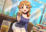  1girl alcohol ascot belt blurry_foreground blush breasts brown_eyes brown_hair champagne champagne_flute cityscape cleavage collarbone couch cowboy_shot cup dress drinking_glass dutch_angle earrings fingernails food foreshortening glass gold hamburger idolmaster idolmaster_cinderella_girls interior jewelry kamille_(vcx68) katagiri_sanae leaning_forward long_sleeves looking_at_viewer medium_breasts off-shoulder_shirt off_shoulder open_mouth pastry pencil_dress pencil_skirt reaching_out shirt short_twintails sitting skirt sky smile solo thighs twintails window 