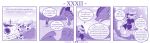  4koma ambiguous_gender anthro braver_(character) clothing comic dialogue disaster_dragon dragon duo english_text feral hi_res kobold mask melee_weapon monochrome purple_theme scalie speech_bubble text vavacung weapon wings 