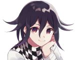  1boy bangs checkered checkered_scarf cheek_rest closed_mouth commentary_request danganronpa face hair_between_eyes jacket long_sleeves looking_at_viewer male_focus nanao_(nanao1023) new_danganronpa_v3 ouma_kokichi purple_eyes purple_hair scarf shiny shiny_hair simple_background smile solo upper_body white_background white_jacket 