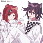  1boy 1girl animal_costume animal_ears animal_print bangs black_hair cat_costume cat_ears cat_tail checkered checkered_scarf closed_mouth commentary_request danganronpa from_side hair_between_eyes hair_ornament hairclip hand_up hood hood_down looking_at_viewer nanao_(nanao1023) new_danganronpa_v3 open_mouth ouma_kokichi paws purple_eyes purple_hair red_eyes red_hair scarf short_hair simple_background sitting smile tail tiger_costume tiger_ears tiger_print white_background yumeno_himiko 