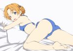  1girl ass bad_id bad_twitter_id bangs barefoot bed_sheet bikini black_bow blue_bikini blue_eyes bow braid breasts eyebrows_visible_through_hair girls_und_panzer hair_bow highres iwami_kyuuto knee_up looking_at_viewer looking_back lying on_bed on_stomach open_mouth orange_hair orange_pekoe_(girls_und_panzer) parted_bangs pillow pillow_hug short_hair side-tie_bikini small_breasts smile solo swimsuit tied_hair 