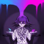  1boy bangs black_hair bullet checkered checkered_scarf closed_mouth commentary_request danganronpa double-breasted hair_between_eyes highres jacket long_sleeves looking_at_viewer lysm425 male_focus new_danganronpa_v3 ouma_kokichi pink_blood purple_eyes purple_hair scarf short_hair smile solo straitjacket upper_body white_jacket 