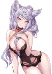  1girl absurdres aki663 bangs bare_arms bare_legs bare_shoulders blush bow breasts cleavage collar come_hither commentary cowboy_shot erune fraux granblue_fantasy hair_between_breasts hand_on_own_chest highres large_breasts lingerie long_hair purple_hair red_eyes simple_background smile solo swept_bangs tsurime twintails underwear white_background 
