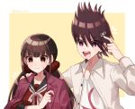  1boy 1girl bangs blunt_bangs blush brown_hair collarbone collared_shirt commentary_request cosplay costume_switch danganronpa dress_shirt facial_hair goatee hair_ornament hair_scrunchie hairclip hand_on_another&#039;s_shoulder hand_up harukawa_maki jacket jacket_on_shoulders long_hair long_sleeves looking_at_another low_twintails mole mole_under_eye momota_kaito nanao_(nanao1023) new_danganronpa_v3 open_clothes open_jacket open_mouth open_shirt pink_jacket pointing pout print_shirt red_eyes red_scrunchie red_shirt scrunchie shirt spiked_hair sweatdrop twintails twitter_username upper_body white_background white_shirt yellow_background 