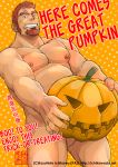  1boy arm_hair artist_name bara belly black_eyes blush completely_nude covering covering_crotch cowboy_shot english_text facial_hair goatee halloween ichikawa_kazuhide jack-o&#039;-lantern looking_at_viewer male_focus muscle nipples nude orange_hair original pectorals plump pumpkin short_hair sideburns smile solo thighs trick_or_treat 