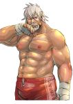  1boy abs alternate_costume bandages bara blush bulge facial_hair fate/extra fate/grand_order fate_(series) goatee ichikawa_kazuhide male_focus muscle mustache navel nipples old old_man one_eye_closed pectorals red_eyes red_shorts shirtless short_hair shorts solo vlad_iii_(fate/extra) white_background white_hair wiping_face 