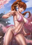  1girl artist_name bangs bikini blue_sky blurry blurry_background bow breasts brown_eyes brown_hair cherry_blossoms choker cleavage closed_mouth cloud cloudy_sky collarbone commentary dandon_fuga day dead_or_alive hair_bow highres holding kasumi_(doa) kodachi kunai lips medium_breasts ninja outdoors pelvic_curtain petals pink_bikini pinup_(style) ponytail reverse_grip short_sleeves short_sword simple_background sky smile solo swimsuit sword tied_hair tree tree_branch weapon 