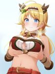  1girl absurdres after_paizuri ahoge animal_ears bangs bare_shoulders bell belt belt_buckle blonde_hair blue_background blue_eyes blush breast_hold breasts buckle closed_mouth cum cum_on_body cum_on_breasts cumdrip eyebrows_visible_through_hair fake_animal_ears fake_antlers frilled_hairband frills from_below fur_collar gradient gradient_background hachimiya_meguru hairband hetero highres idolmaster idolmaster_shiny_colors kata2yama long_hair low_twintails navel neck_ribbon partially_unbuttoned ribbon smile solo stomach strapless swept_bangs twintails two-tone_hairband underboob upper_body 