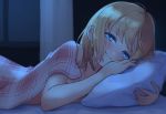  1girl artist_apprentice bangs bare_shoulders blonde_hair blue_eyes blush collarbone covering covering_breasts english_commentary eyebrows_behind_hair hair_behind_ear highres holding holding_pillow hololive hololive_english looking_at_viewer medium_hair pillow smile solo under_covers virtual_youtuber watson_amelia 