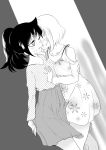  2girls against_wall alternate_hairstyle arm_support assertive_female blush breath casual commentary dress floral_print greyscale groping hand_on_another&#039;s_chest heavy_breathing highres itokurie_(cre-hun) kuroki_tomoko leg_between_thighs monochrome multiple_girls one_eye_closed parted_lips polka_dot polka_dot_shirt ponytail print_dress shirt short_hair skirt uchi_emiri watashi_ga_motenai_no_wa_dou_kangaetemo_omaera_ga_warui! yuri |_| 