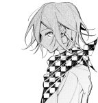  1boy bangs checkered checkered_neckwear checkered_scarf closed_mouth commentary_request danganronpa from_side greyscale hambagseu jacket looking_at_viewer looking_to_the_side male_focus monochrome new_danganronpa_v3 ouma_kokichi profile scarf short_hair solo tearing_up upper_body 