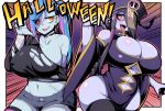  2girls bandaged_wrist bare_shoulders black_hair black_sclera blue_hair blue_skin braid breasts chinese_clothes choker cleavage clothing_cutout collarbone colored_skin covered_nipples curvy detached_sleeves earrings eyebrows_visible_through_hair halloween_costume hat jewelry jiangshi monster_girl multicolored_hair multiple_girls navel nishida_megane ofuda open_mouth original outstretched_arms pink_hair qing_guanmao sharp_teeth shawl shirt short_shorts shorts side_ponytail smile stitches stomach talisman teeth tongue tongue_out torn_clothes torn_shirt two-tone_hair underboob_cutout wide_sleeves yellow_eyes zombie zombie_pose 