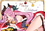  1girl bare_legs bare_shoulders black_gloves black_horns blue_eyes braid christmas_ornaments crossed_arms draph ears gloves granblue_fantasy hair_over_one_eye horns long_hair lying narmaya_(granblue_fantasy) open_mouth pink_hair red_ribbon ribbon santa_costume snowman_hair_ornament yuntae712 