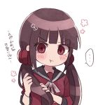  ... 1girl :t bangs blunt_bangs blush brown_hair closed_mouth commentary_request danganronpa hair_ornament hair_scrunchie harukawa_maki holding holding_hair long_hair long_sleeves looking_at_viewer low_twintails mole mole_under_eye nanao_(nanao1023) new_danganronpa_v3 red_eyes red_scrunchie red_shirt school_uniform scrunchie shirt simple_background solo speech_bubble translation_request twintails upper_body white_background 