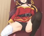  1girl bandaged_leg bandages belt black_cape black_legwear black_panties brown_hair cape choker fingerless_gloves gloves hat kono_subarashii_sekai_ni_shukufuku_wo! lying megumin momio on_back open_mouth panties short_hair_with_long_locks single_thighhigh sleeping solo thighhighs underwear 