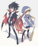  1boy 1girl baseball_bat black_hair blue_headwear brown_eyes brown_hair cape disgaea gloves hat highres issa_(sorako45) jacket kazamatsuri_fuuka long_hair makai_senki_disgaea_4 open_mouth pointy_ears red_eyes school_uniform skirt smile thighhighs twintails valvatorez_(disgaea) 