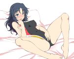  1girl bad_id bad_twitter_id bangs barefoot bed_sheet black_swimsuit blue_eyes blue_hair blush breasts competition_swimsuit covered_navel eyebrows_visible_through_hair freckles girls_und_panzer iwami_kyuuto long_hair looking_at_viewer lying masturbation medium_breasts on_back on_bed one-piece_swimsuit open_mouth pillow sexually_suggestive solo spread_legs swimsuit yamagou_ayumi 
