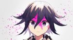  1boy bangs black_hair blood blood_on_face checkered checkered_scarf commentary_request danganronpa face frown grey_background hair_between_eyes looking_at_viewer male_focus nanao_(nanao1023) new_danganronpa_v3 ouma_kokichi petals purple_eyes purple_hair scarf shiny shiny_hair short_hair simple_background solo 
