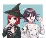  1boy 1girl bangs black_headwear black_jacket blush border checkered checkered_scarf collarbone commentary_request cosplay costume_switch danganronpa double-breasted gem hair_between_eyes hair_ornament hairclip hand_up hat jacket long_sleeves looking_at_viewer nanao_(nanao1023) new_danganronpa_v3 open_mouth ouma_kokichi purple_eyes purple_hair red_hair scarf school_uniform shiny shiny_hair short_hair smile sweatdrop twitter_username upper_body upper_teeth white_border white_jacket witch_hat yumeno_himiko 