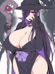  1girl bangs breasts cape cleavage collarbone curvy elbow_gloves eyebrows_visible_through_hair glasses gloves hair_over_one_eye hat huge_breasts lips long_hair mole mole_on_breast nishida_megane original purple_eyes purple_hair rod smile solo wide_hips witch witch_hat 