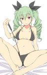  1girl absurdres anchovy_(girls_und_panzer) bad_id bad_twitter_id bangs barefoot bed_sheet bikini black_bikini black_ribbon breasts closed_mouth drill_hair eyebrows_visible_through_hair girls_und_panzer green_hair hair_ribbon highres holding iwami_kyuuto leaning_back long_hair looking_at_viewer medium_breasts navel on_bed red_eyes ribbon riding_crop sexually_suggestive sitting skindentation smile solo spread_legs string_bikini swimsuit twin_drills twintails white_background 