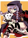  ankle_cuffs barefoot blue_eyes blush braid cloak curse_maker hood hooded_cloak lavender_hair long_sleeves looking_at_viewer sekaiju_no_meikyuu short_hair single_braid sitting solo stuffed_animal stuffed_tiger stuffed_toy thighs tokita_monta yokozuwari 