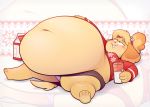  2020 absurd_res animal_crossing anthro belly big_belly bottomwear breasts canid canine canis christmas clothing domestic_dog female hi_res holidays isabelle_(animal_crossing) lying mammal milk nintendo overweight overweight_anthro overweight_female ridiculouscake shih_tzu shirt skirt solo thick_thighs topwear toy_dog upskirt video_games yellow_body 