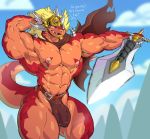  2019 abs anthro armor belt big_muscles biped bulge clothed clothing dialogue digital_media_(artwork) dragon drum_bunker_dragon english_text flexing future_card_buddyfight genital_outline headgear helmet looking_at_viewer male melee_weapon muscular muscular_anthro muscular_male navel nipple_piercing nipples penis_outline piercing solo sword sxfpantera talking_to_viewer text topless weapon 
