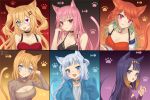  6+girls akai_haato alternate_costume animal_ear_fluff animal_ears artist_name bangs bell bell_choker black_hair blonde_hair blue_hair blue_hoodie blunt_bangs breasts brown_sweater cat_ears cat_tail choker claw_pose cleavage cleavage_cutout clothing_cutout english_commentary eyepatch fang gawr_gura hair_ornament hand_in_hair highres hololive hololive_english holomyth hood hoodie kemonomimi_mode large_breasts looking_at_viewer medium_breasts mole mole_under_eye monocle_hair_ornament mori_calliope multiple_girls ninomae_ina&#039;nis one_eye_covered open_mouth orange_hair pink_eyes pink_hair purple_sweater red_eyes revision ribbed_sweater short_hair sleeves_past_fingers sleeves_past_wrists sweater tail takanashi_kiara ten-chan_(eternal_s) two_side_up virtual_youtuber watson_amelia 