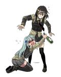  2girls absurdres beer_bottle black_hair blue_hair blush boots bulletproof_vest crying dbeod128 drunk girls_frontline highres hk416_(girls_frontline) leg_hug long_hair m16a1_(girls_frontline) multiple_girls necktie no_eyepatch pleated_skirt short_hair skirt tactical_clothes thighhighs younger 