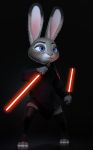  2020 3d_(artwork) anthro black_background black_clothing claws cloak clothing crossover darkness digital_media_(artwork) disney dual_wielding eyebrows eyelashes female fingers fur grey_body grey_fur hi_res holding_object holding_weapon judy_hopps lagomorph legwear leporid lightsaber long_ears looking_aside mammal melee_weapon melo multicolored_body multicolored_ears multicolored_fur pink_nose purple_eyes rabbit shoulder_pads simple_background sith solo standing star_wars tights toe_claws toeless_legwear toes weapon white_body white_fur zootopia 