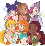  6+girls blonde_hair bloom_(winx_club) brown_hair dark_skin earmuffs fairy fairy_wings flora_(winx_club) highres khee layla_(winx_club) multiple_girls musa_(winx_club) one_eye_closed orange_hair pink_hair purple_hair red_hair stella_(winx_club) tecna_(winx_club) twitter_username wings winx_club 