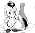  1girl akitaka_takaaki black_bra black_skirt blush bra bra_peek breast_rest breasts closed_mouth full_body garrison_cap girls_frontline gloves greyscale half_gloves hat highres large_breasts looking_at_viewer lying monochrome mp40_(girls_frontline) on_stomach open_clothes open_shirt partially_unbuttoned short_hair sketch skirt socks solo striped striped_legwear sweatdrop the_pose underwear vertical-striped_legwear vertical_stripes 