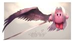  absurdres angel_wings asymmetrical_wings black_wings border character_request colored_skin commentary_request cosplay feathered_wings feathers final_fantasy final_fantasy_vii gradient gradient_background highres holding holding_sword holding_weapon kirby kirby_(series) large_wings long_hair looking_at_viewer masamune_(ffvii) meta_knight outside_border pink_skin sephiroth sephiroth_(cosplay) shiburingaru simple_background single_wing smile solid_oval_eyes solo spread_wings super_smash_bros. sword translation_request weapon white_border white_hair wings 
