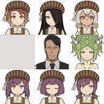  1boy 6+girls aoi_tsunami bangs bare_shoulders black_hair black_neckwear black_vest braid brown_dress brown_eyes brown_hair brown_headwear closed_eyes closed_mouth collared_shirt commentary_request dress dress_shirt eyebrows_visible_through_hair green_eyes green_hair grey_hair hair_between_eyes hair_over_one_eye multiple_girls necktie original red_eyes shirt sleeveless sleeveless_dress striped striped_headwear upper_body vertical-striped_dress vertical-striped_headwear vertical_stripes vest white_shirt 