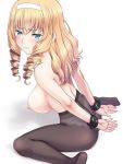  1girl bangs black_legwear blonde_hair blue_eyes blush bound bound_wrists breasts commentary_request cuffs drill_hair eyebrows_visible_through_hair hairband large_breasts long_hair looking_at_viewer meow_(nekodenki) nipples original panties panties_under_pantyhose pantyhose restrained ringlets simple_background solo tears topless twin_drills underwear white_background white_hairband white_panties 