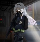  1girl an-94 an-94_(girls_frontline) assault_rifle backpack bag bangs blue_eyes clov3r commentary_request gas_mask girls_frontline gloves gun handgun headgear jacket korean_commentary long_hair looking_at_viewer mask mouth_mask rifle scope sidelocks silver_hair solo tactical_clothes tom_clancy&#039;s_the_division weapon 
