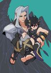  &gt;:( 2boys angel_wings aqua_background aqua_eyes armor armpits bangs black_hair black_wings blush collarbone commentary_request dark_pit eyebrows_visible_through_hair eyes_visible_through_hair feathered_wings final_fantasy final_fantasy_vii frown fur_trim gloves grey_hair hair_between_eyes hair_intakes highres holding kid_icarus kid_icarus_uprising long_hair looking_at_another male_focus multiple_boys parted_bangs pydiyudie red_eyes sandals sephiroth short_hair shoulder_armor simple_background single_wing size_difference smile super_smash_bros. trait_connection v-shaped_eyebrows wings 