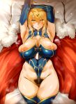  1girl absurdres areolae armpits arms_up artoria_pendragon_(all) artoria_pendragon_(lancer) blonde_hair breasts cape cleavage crown detached_sleeves excessive_pubic_hair fate/grand_order fate_(series) hero_neisan highres huge_filesize huge_nipples large_areolae large_breasts leotard long_hair lying nipples on_back on_bed pillow pubic_hair red_cape thick_thighs thighhighs thighs 