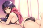  1girl :o ass bikini black_bikini breasts deyuuku green_eyes hair_ornament hair_scrunchie large_breasts long_hair looking_at_viewer love_live! love_live!_school_idol_project low_twintails open_mouth purple_hair red_scarf scarf scrunchie solo swimsuit toujou_nozomi twintails yellow_scrunchie 
