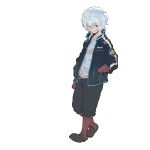  1boy belt_pouch black_jacket brown_footwear closed_mouth hair_between_eyes hands_in_pockets jacket kuga_yuuma loped male_focus open_clothes open_jacket pouch red_eyes simple_background smile solo white_background white_hair world_trigger 