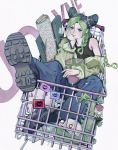  1girl absurdres black_hair blue_pants chain chakanyuantu character_name double_bun green_eyes green_hair green_lipstick highres jojo_no_kimyou_na_bouken kuujou_jolyne lipstick long_sleeves makeup multicolored_hair off-shoulder_jacket pants shoes shopping_cart sitting solo stone_ocean two-tone_hair 