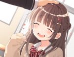  1girl 1other ^_^ blush brown_hair closed_eyes hair_bun hair_ornament hairclip half_updo heart highres long_hair open_mouth original out_of_frame petting school_uniform sleeves_past_wrists smile sweater_vest uramakaron 