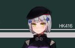 1girl alternate_hair_length alternate_hairstyle beret blue_hair blush character_name commentary_request dbeod128 girls_frontline green_eyes hat highres hk416_(girls_frontline) korean_commentary short_hair solo 