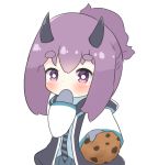  1girl arknights bangs black_jacket blue_shirt chibi chocolate_chip_cookie commentary cookie covered_mouth diagonal-striped_neckwear diagonal_stripes english_commentary eyebrows_visible_through_hair food grey_mittens grey_skirt hair_between_eyes hibiscus_(arknights) holding holding_food horns incoming_food jacket kurotofu long_hair looking_at_viewer mittens necktie open_clothes open_jacket outstretched_arm pleated_skirt ponytail purple_eyes purple_hair shirt short_eyebrows sidelocks simple_background skirt solo striped striped_neckwear thick_eyebrows white_background 