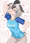  1girl :d arm_behind_back blue_shirt blush commentary_request cowboy_shot gradient_hair greater_roadrunner_(kemono_friends) grey_hair grey_shorts hair_between_eyes hair_tubes hand_on_hip hand_up heart highres kemono_friends leaning_forward looking_at_viewer man_(man-room) medium_hair multicolored_hair one_eye_closed open_mouth raglan_sleeves shirt shorts smile solo yellow_eyes 